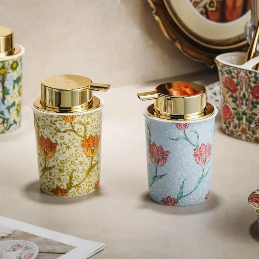 distributeur savon liquide fleurs stylisées blanc orange vert rouge doré opacité vintage