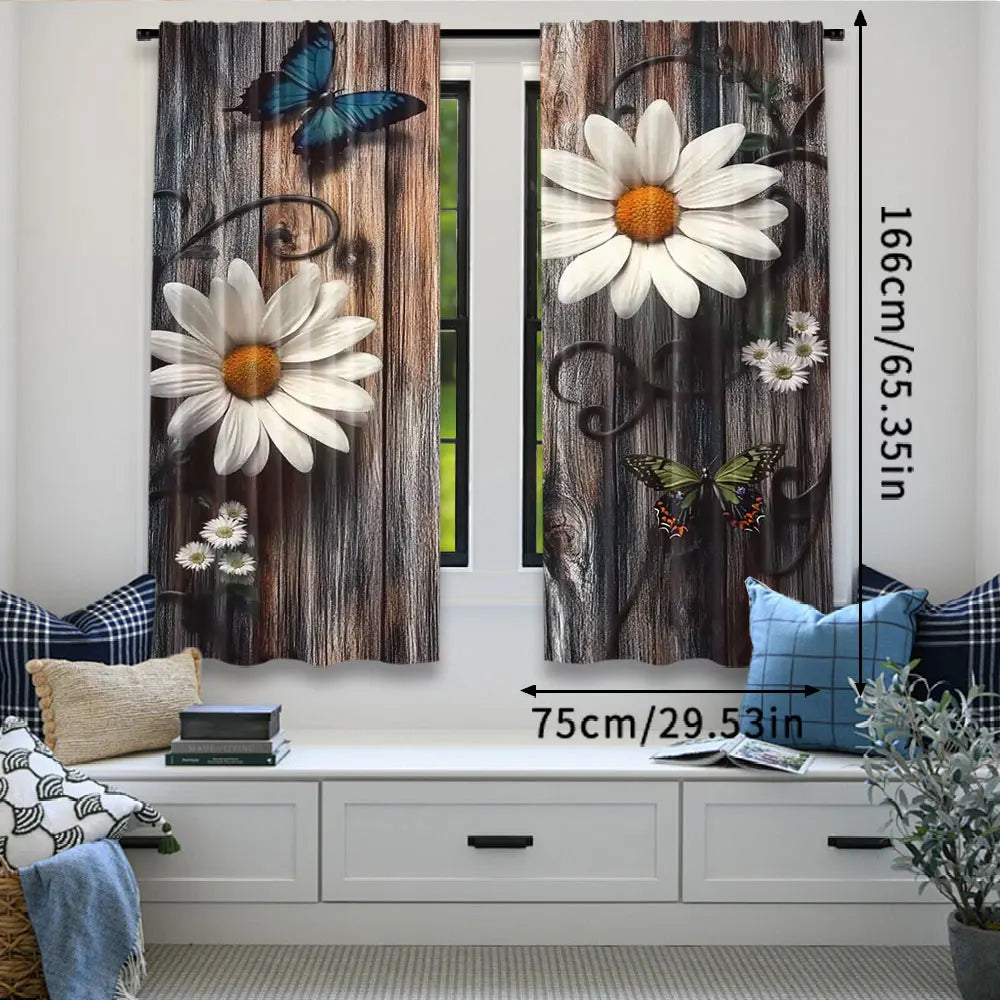 rideau fleurs papillons rustique couleurs naturelles inclusion deux pièces polyester