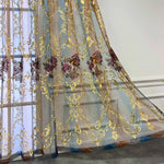 rideau floral transparent gris doré bleu élégant tulle brodé anneaux fenêtre maison