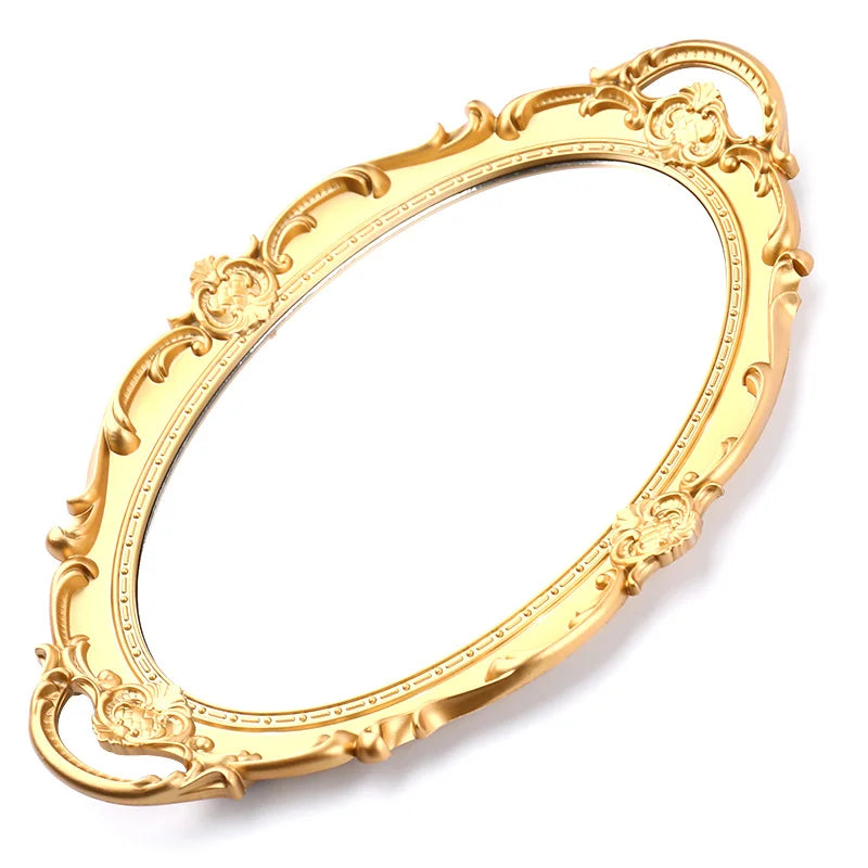 plateau miroir ovale argent ornements floraux classique bijoux décoration transparent vintage