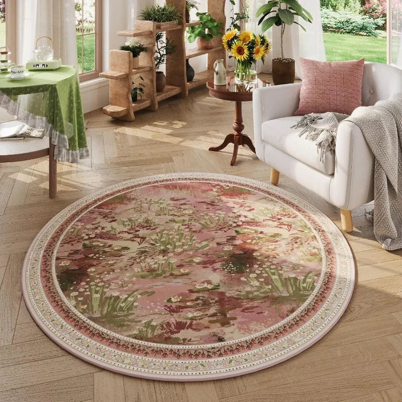 tapis rond fleuri vert rose noir salon chambre fleurs feuilles bordure decorative 80x80cm 120x120cm