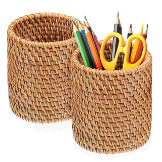 Porte-stylo en rotin tissé robuste 2 pièces - Pot à crayons en bois grande capacité pour bureau