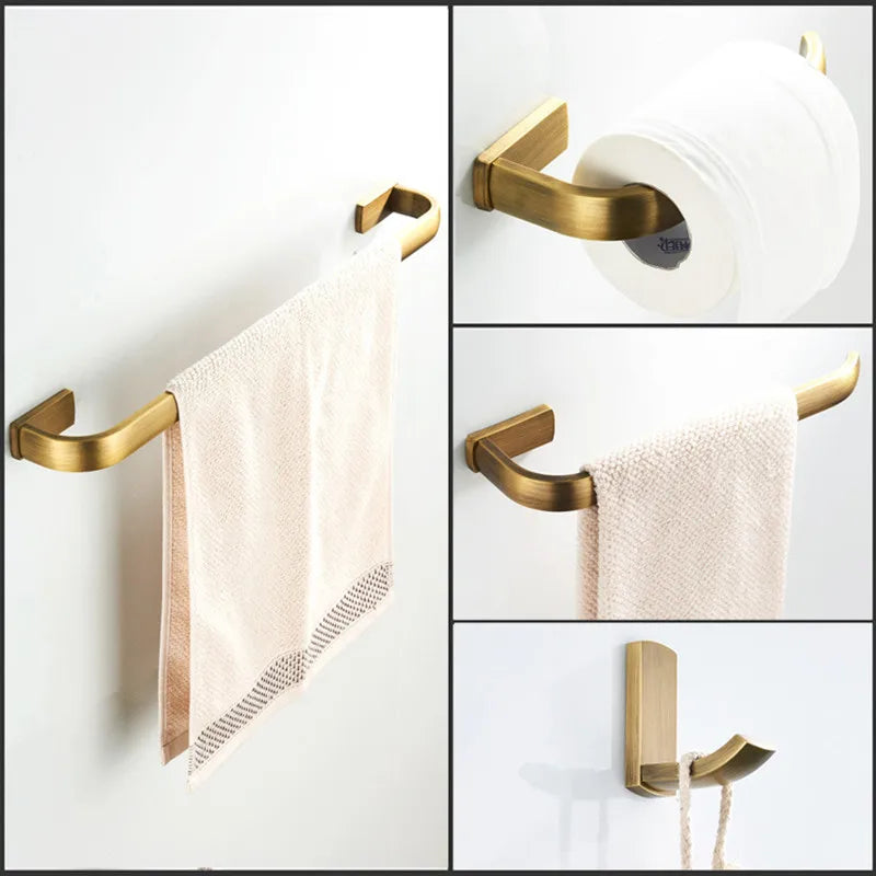 accessoires salle bain ensemble porte serviettes doré satiné porte rouleau papier toilette crochet mural