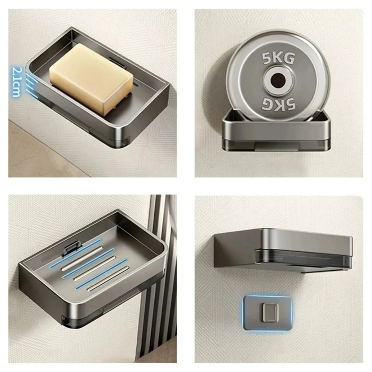 organisateur savon mural adhésif gris argenté moderne salle bain égouttoir strié lisse