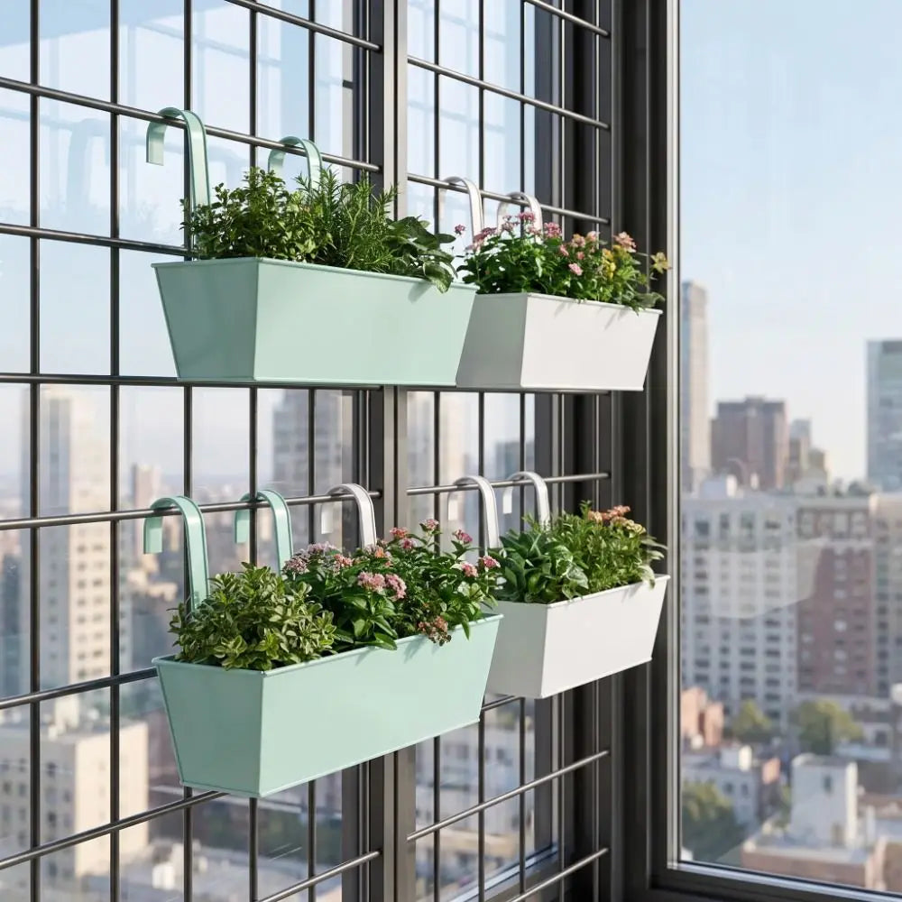 bac fleurs suspendu vert clair noir vert fluo violet anneaux métalliques plante verte différente