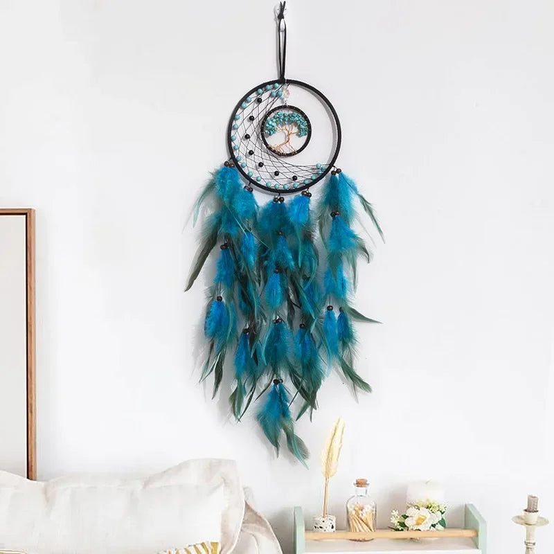 attrape rêves décoration murale plumes ethnique boho chic marron bleu beige gris
