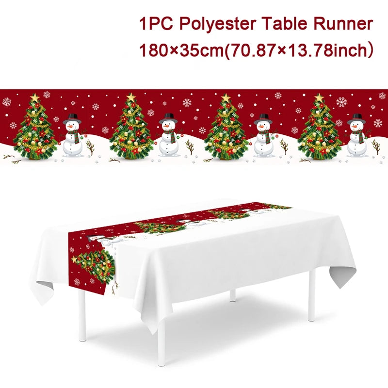 table noel chemin rouge blanc sapins flocons guirlandes decorations festive