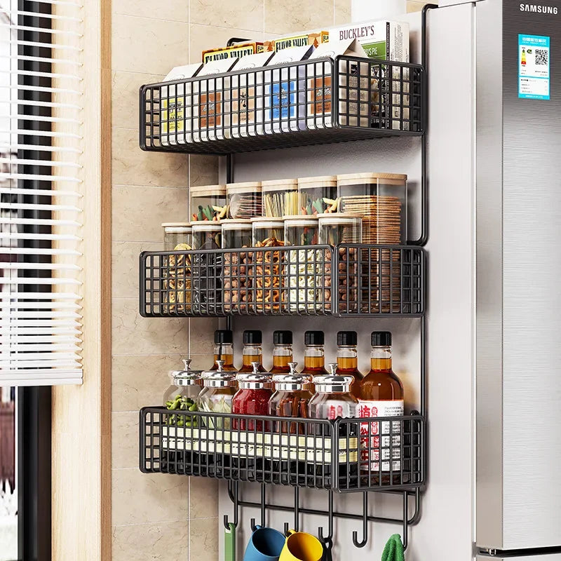 étagère murale cuisine trois niveaux métal noir organisateur épices bouteilles rangement moderne adhésif