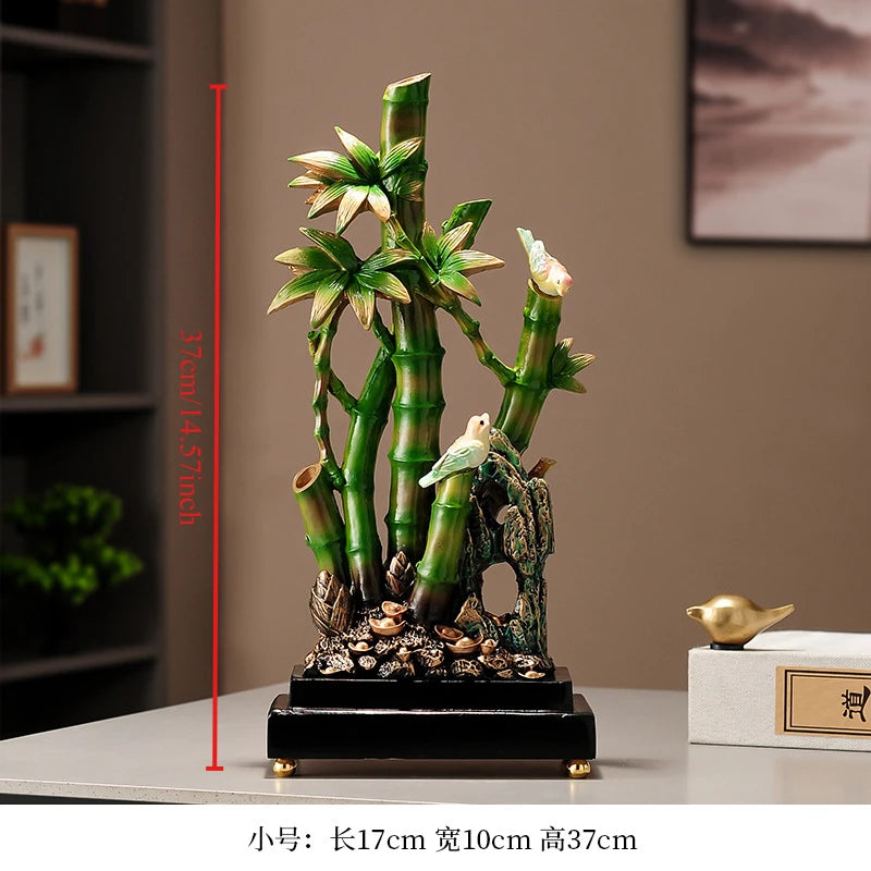 sculpture décorative bambou oiseaux vert marron asiatique traditionnel résine verte jaune