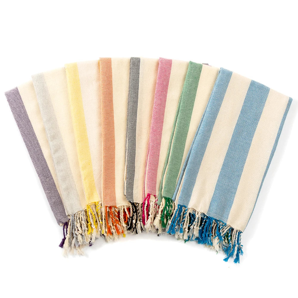 serviette plage coton vert clair beige rayures moderne absorbante entretien facile océan noël franges