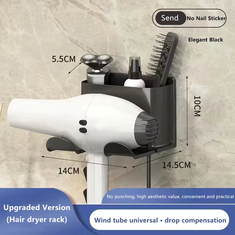 support mural moderne sèche cheveux brosse rasoir adhésif gris blanc rangement salle bain