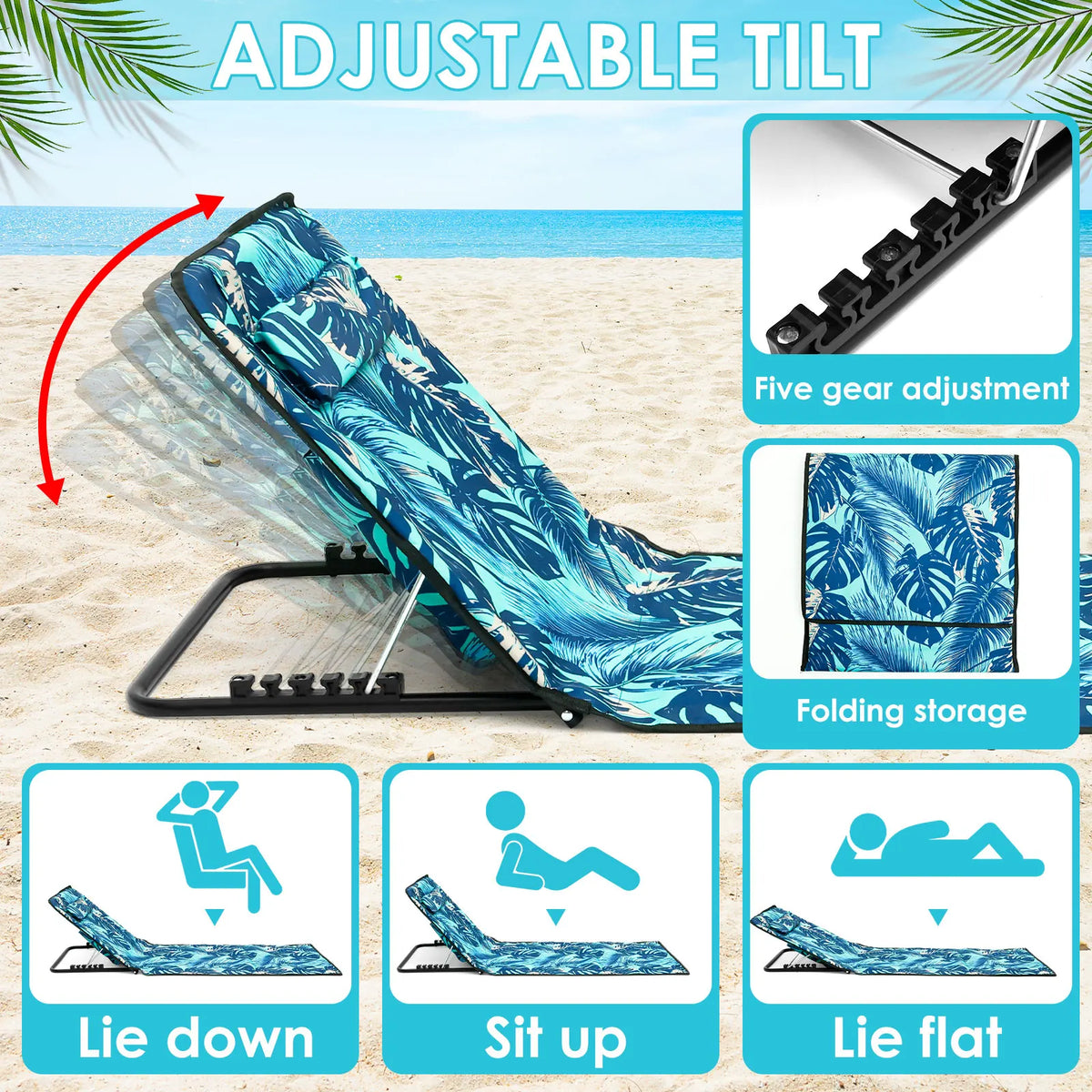 chaise plage pliante bleu vert feuilles tropicales moderne confortable sac transport