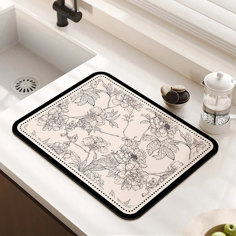tapis cuisine moderne floral beige clair noir anti bactérie anti dérapant absorbant respectueux environnement