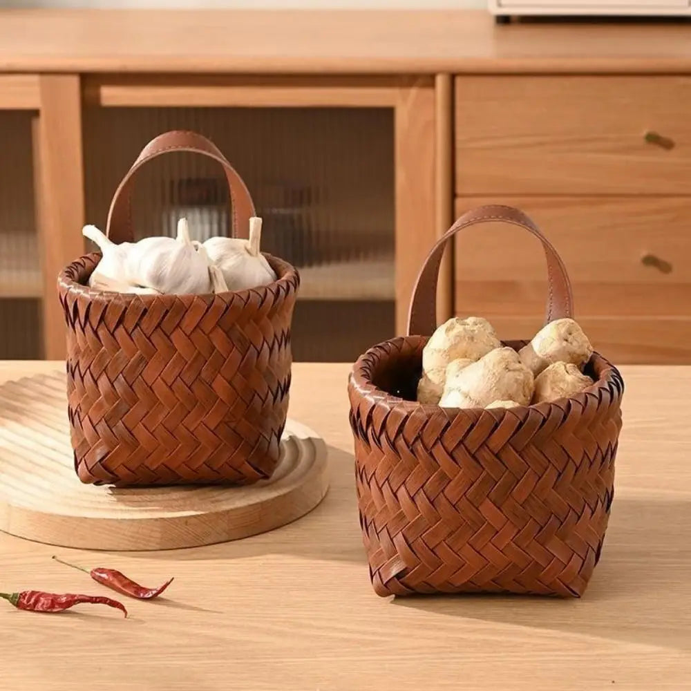 panier mural tressé imitation cuir bohème rustique rangement fruits légumes marron sans bpa réutilisable