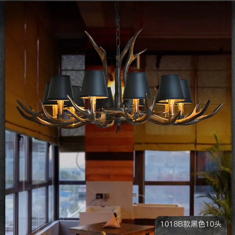 lustre rustique vintage têtes antlers noirs marron clair salon salle manger