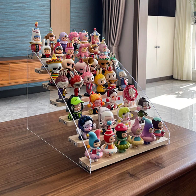 rangements bois acrylique transparent figurines collection multicolores personnages animés moderne support cupcakes affichage salon