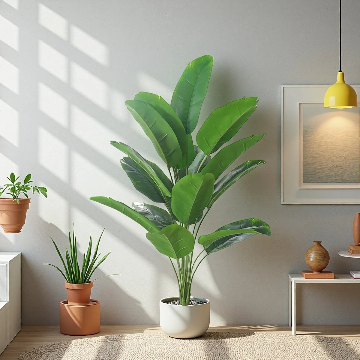 plantes artificielles arbres deco feuilles bananier vertes intérieur extérieur 90cm 24feuilles sol tige large