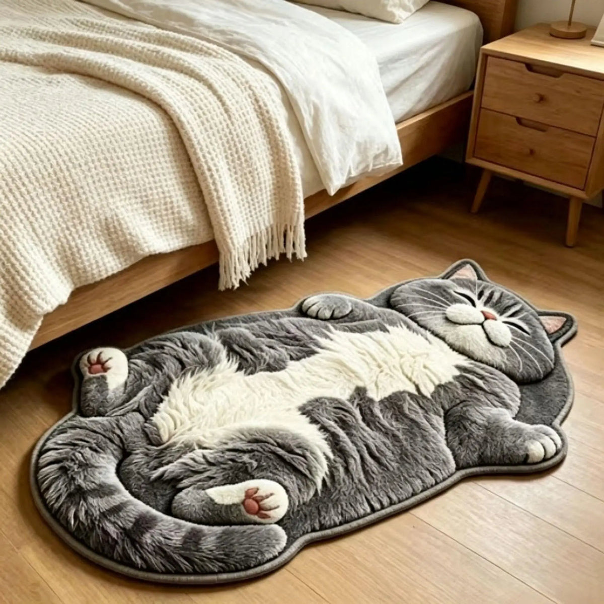 tapis sol chat tigré peluche gris blanc beige doux antidérapant chambre salon maison