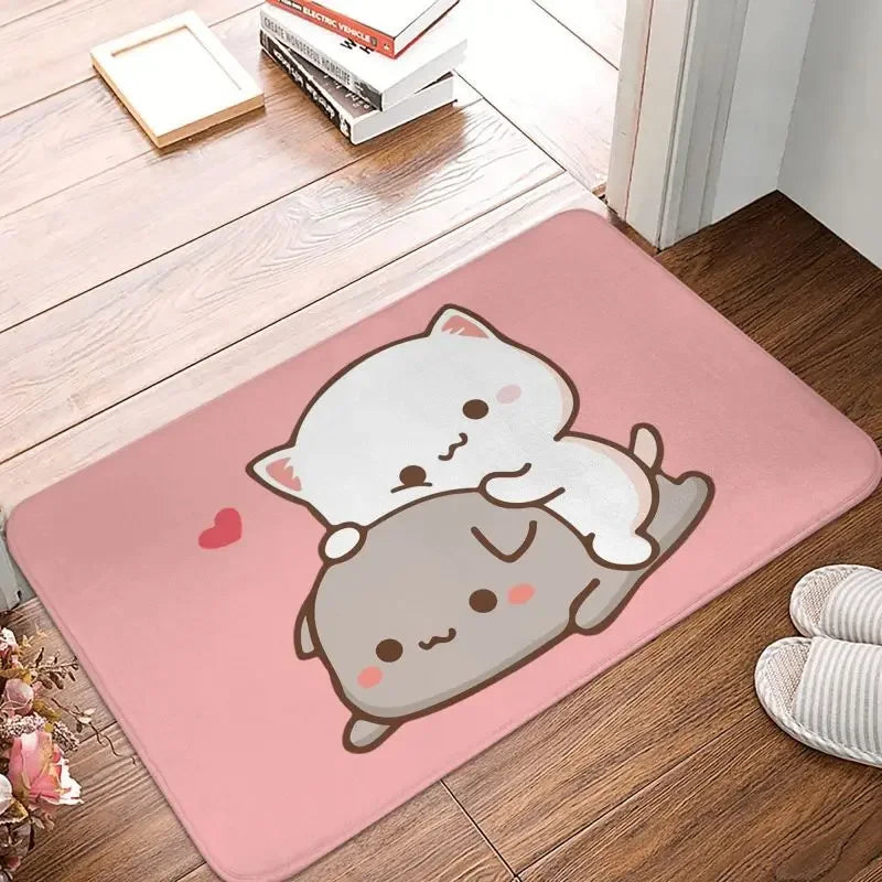 tapis sol moderne motif chat mignon mangeant nouilles rose gris blanc intérieur extérieur