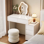 maquillage blanc moderne miroir ovale tiroirs accessoires lampe tabouret minimaliste
