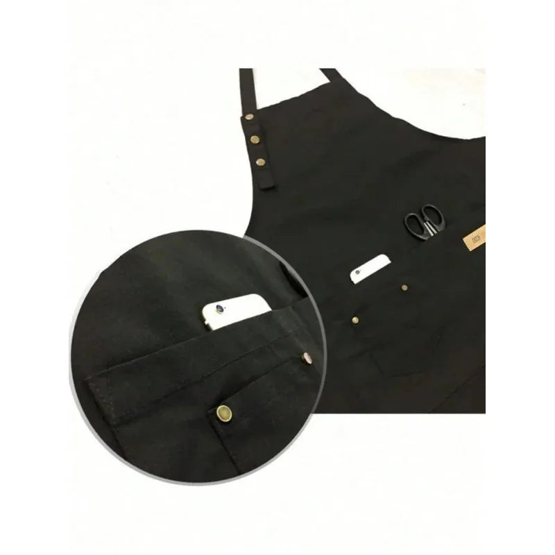 tablier toile polyester gris noir classique poche boutons élastiques cuisine uniforme serveur