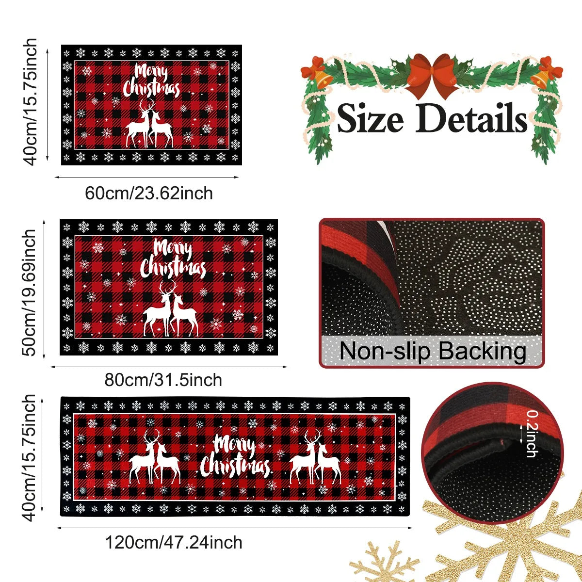 tapis sol carreaux rouge noir blanc sapins rennes noel merry christmas festive déco