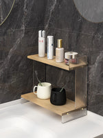 étagère deux niveaux bois marron clair métal argenté moderne minimaliste plateau lisse vase bouteille