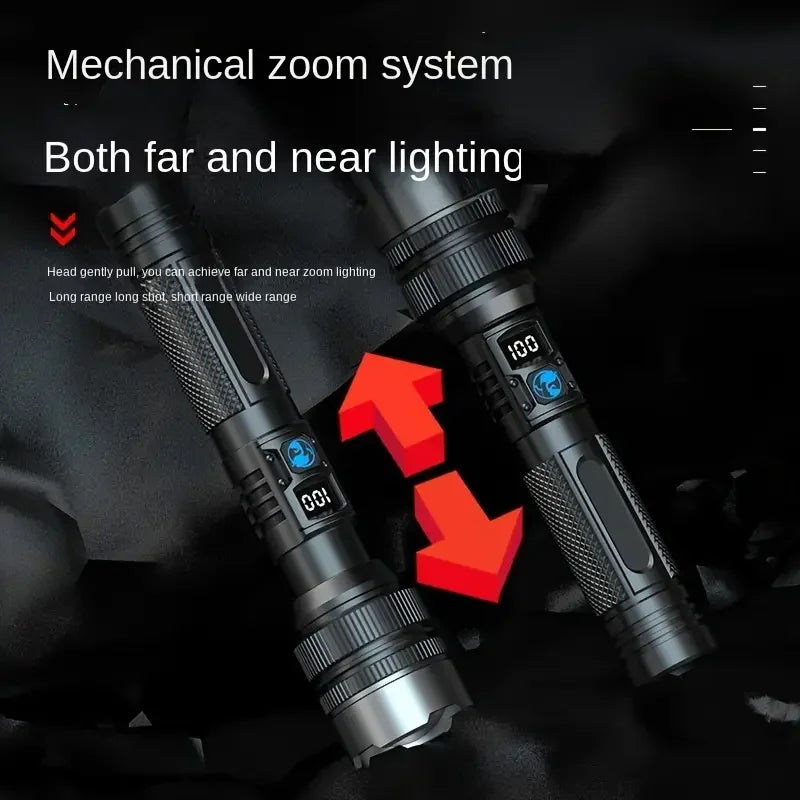 lampe poche led rechargeable zoom écran numérique 15w 100mètres noir texturé moderne