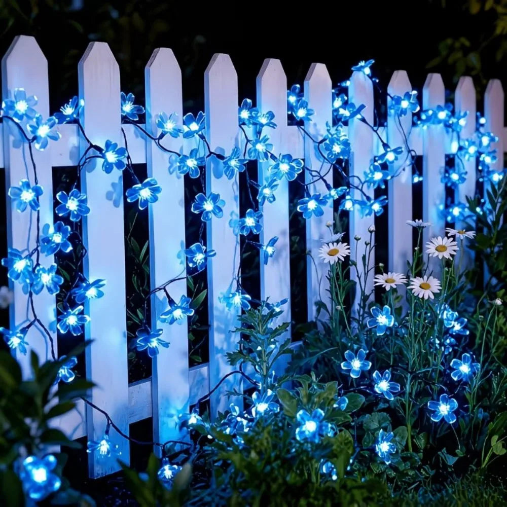 guirlande lumineuse solaire fleurs bleu multicolore moderne décoration extérieure jardin balcon festif