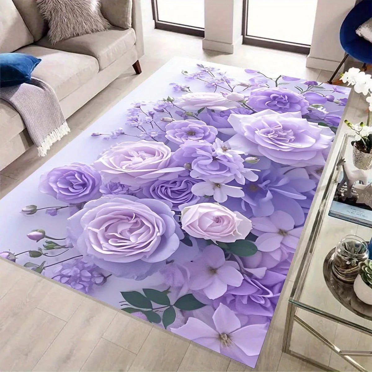 tapis salon moderne violet roses papillons patchwork lavable grande surface décoration chambre intérieur