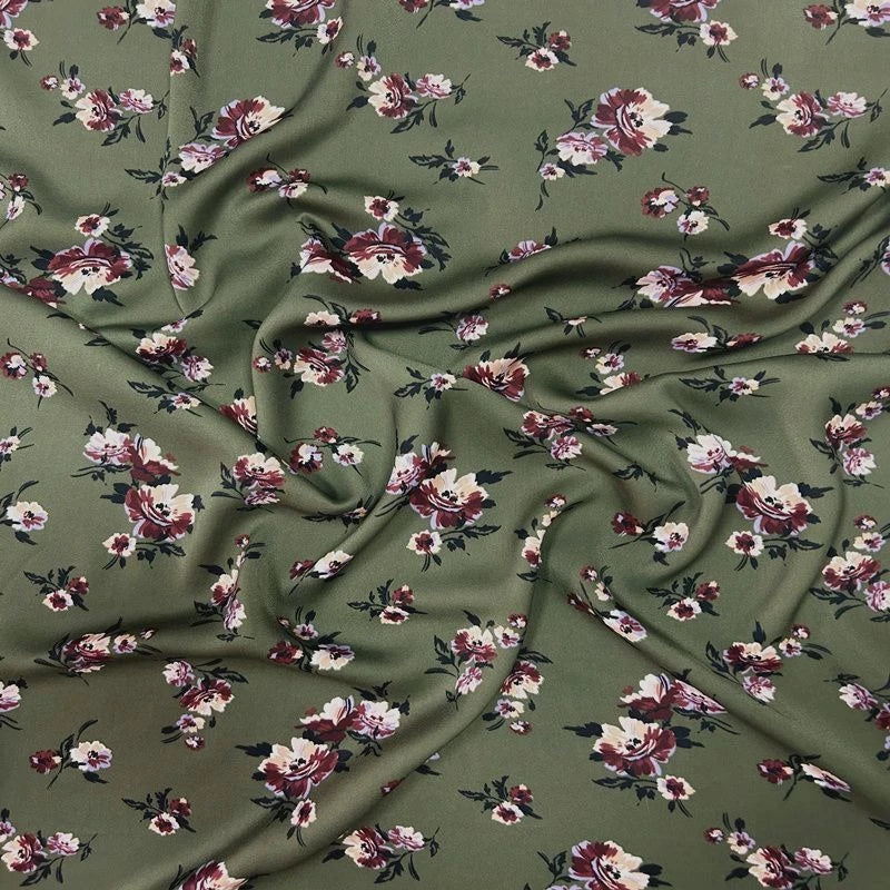 tissu mousseline floral motifs petits fleurs vert olive rouge foncé beige opale respirant femme
