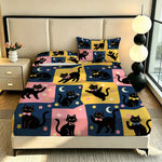 drap housse lit motif chats noirs fleurs colorées moderne taies oreiller bleu foncé jaune