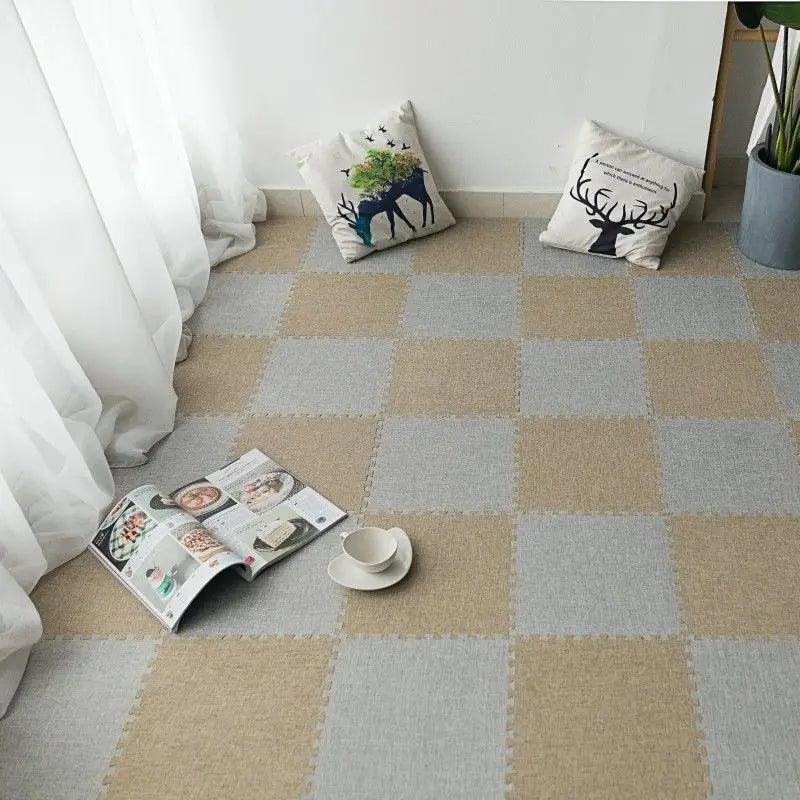 tapis modulable carreaux texturés damier gris beige moderne chambre décoration minimaliste