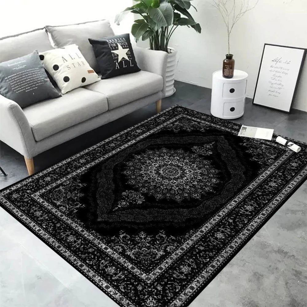 tapis salon moderne motif géométrique noir blanc décoration maison intérieur vintage bohème chic