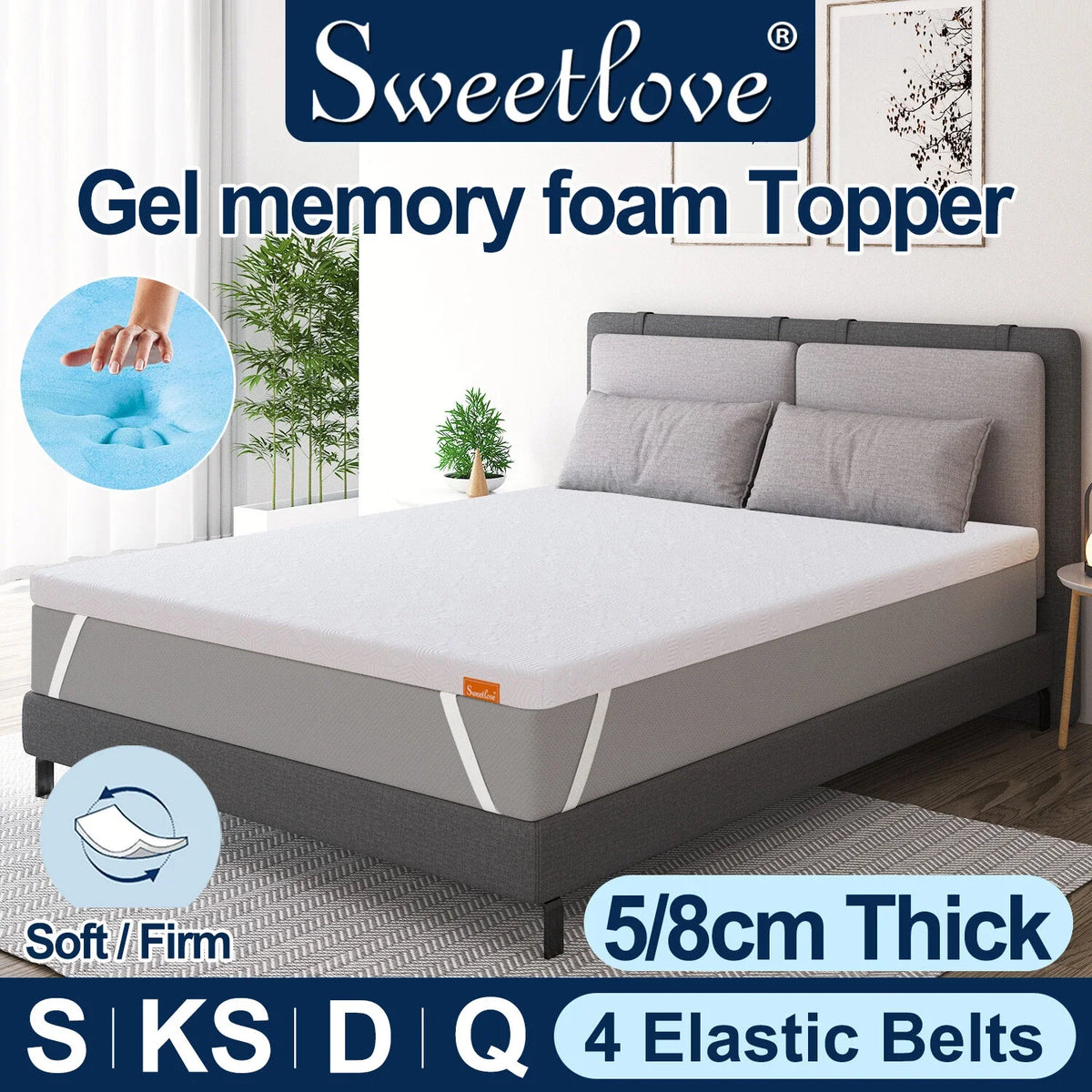 topper lit mousse mémoire forme gel gris blanc rayures diagonales moderne minimaliste élastiques