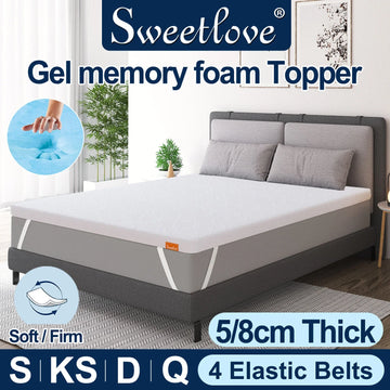topper lit mousse mémoire forme gel gris blanc rayures diagonales moderne minimaliste élastiques