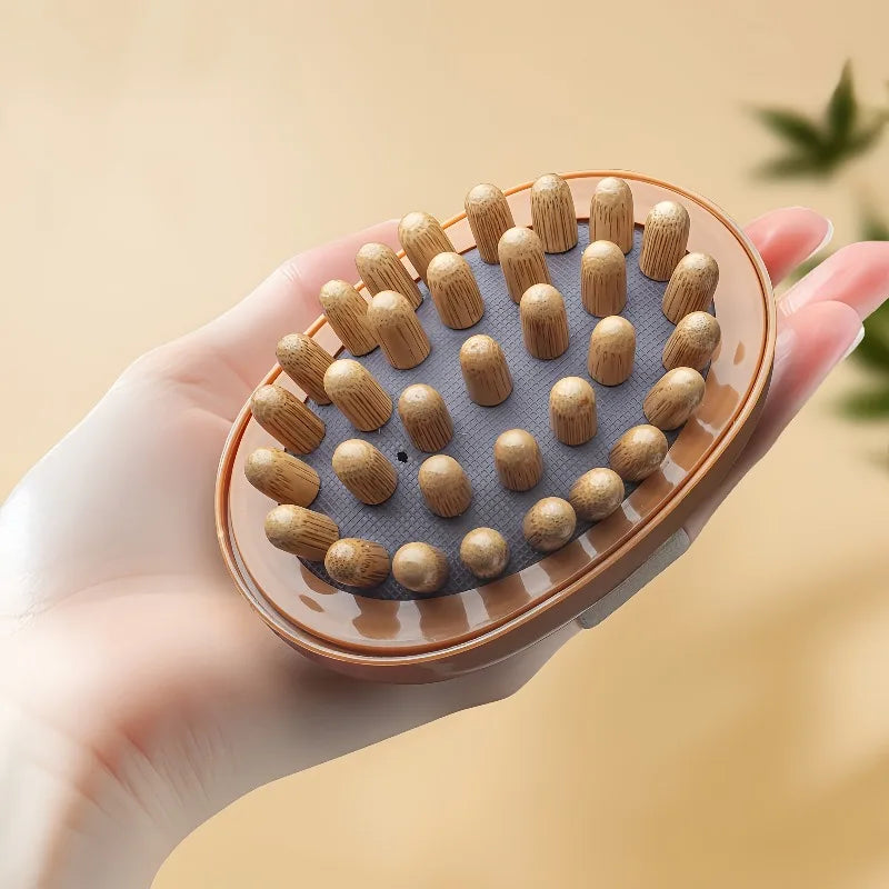 brosse massage relaxation corps bille bois surface rugueuse ceinture élastique marron gris praticité moderne
