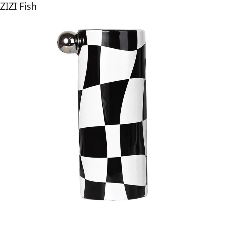vase céramique noir blanc moderne rayures checkerboard décoration table arrangement fleurs