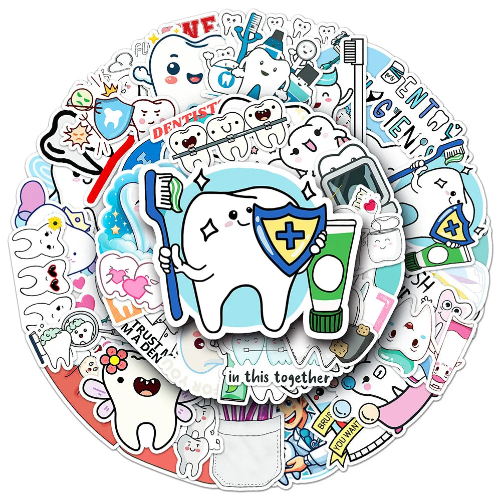 stickers dentaires mignon brosse dents dentifrice dessin animé bleu blanc rose vert noir gris