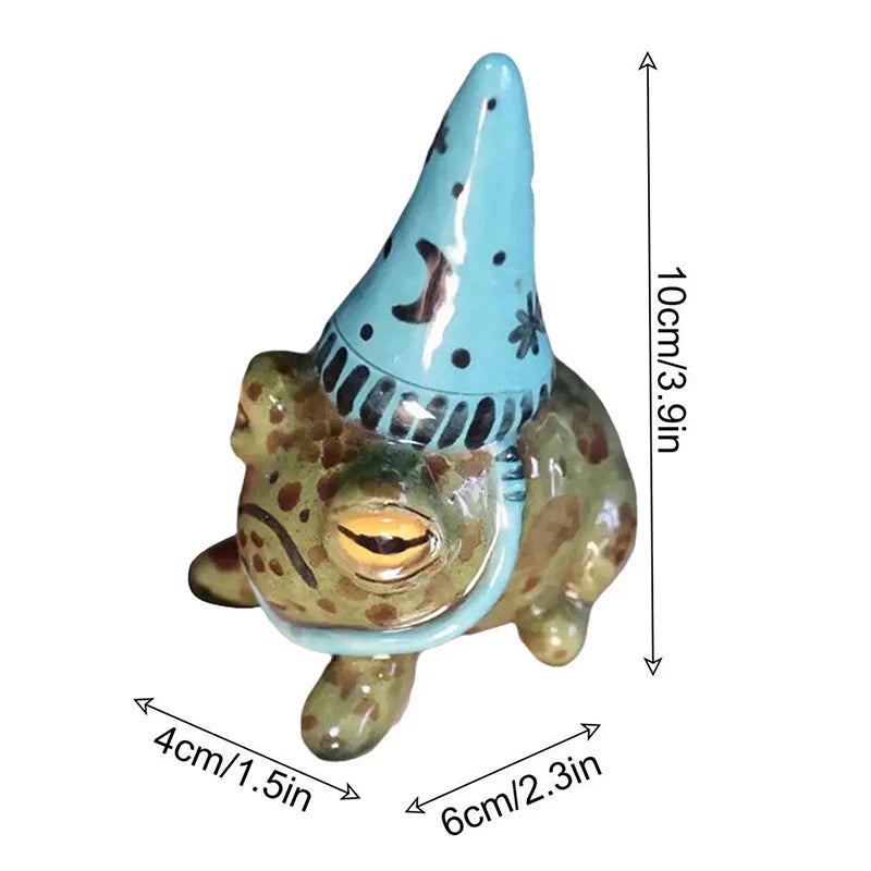 statuette grenouille peinte résine chapeau sorcière verte rouge bleue points noirs contemporaine extérieure ornement