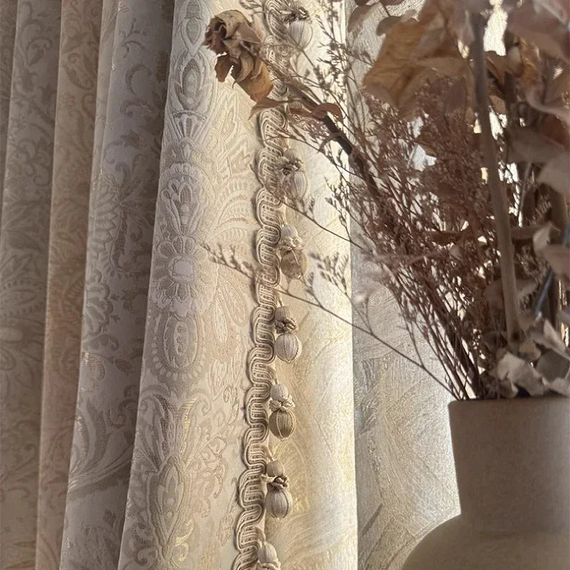 rideau beige doré motif floral brodé épais classique salon chambre fenêtre maison luxe