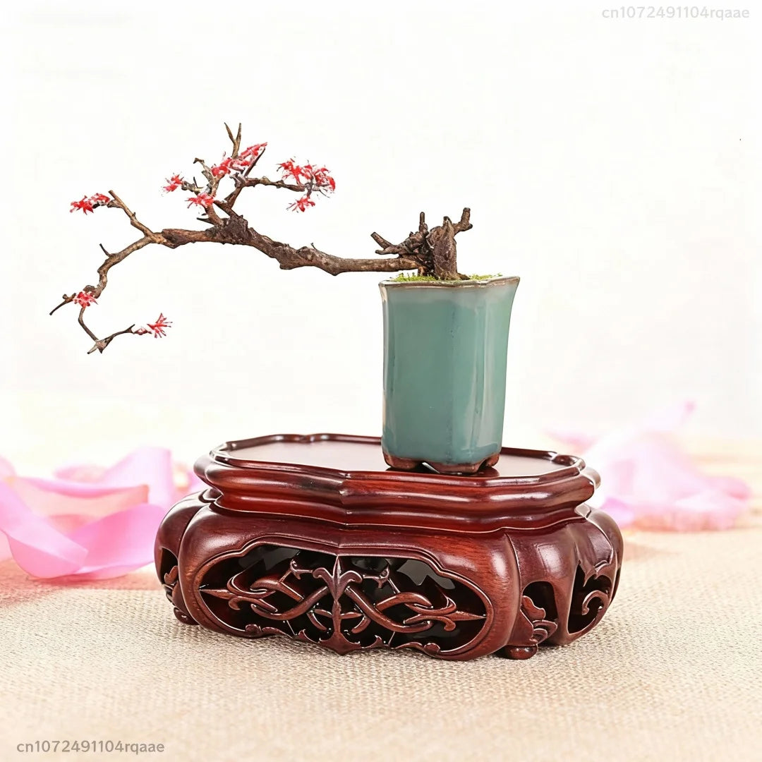 support décoratif bois gravures classique vase pot fleur tasse thé rouge foncé