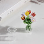 bouquet artificiel violet jaune vert blanc bleu orange feuilles vertes miniature vase transparent six