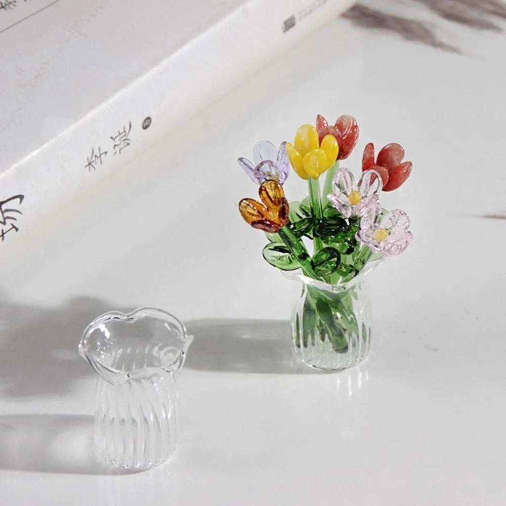 bouquet artificiel violet jaune vert blanc bleu orange feuilles vertes miniature vase transparent six