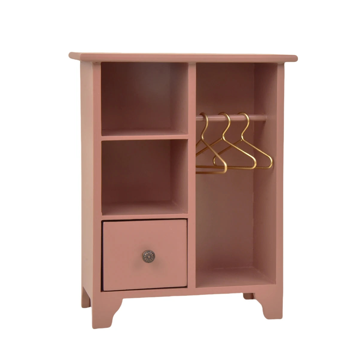 armoire miniature bois rose crème verte tiroir vêtements osier plantes coussins rustic