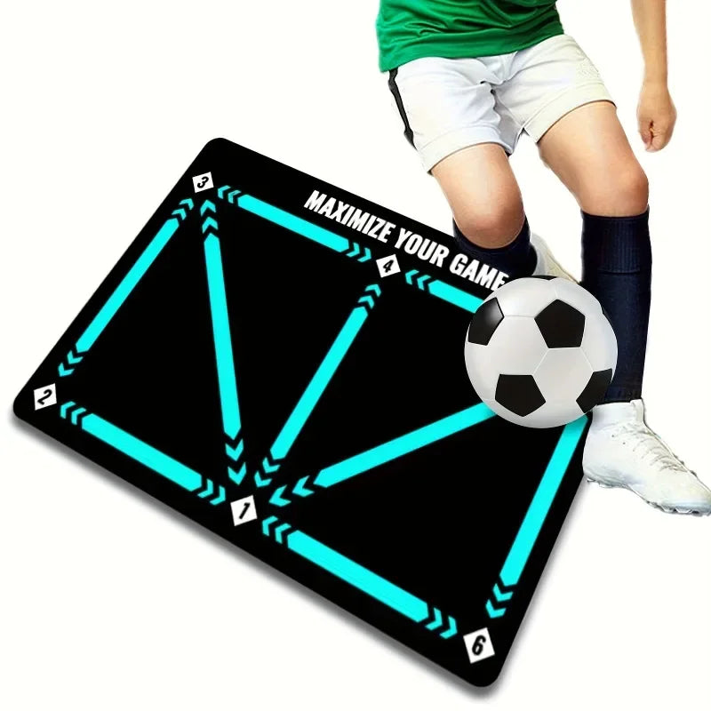 tapis entraînement football sportif lignes flèches turquoises noires dimension 900x600mm bandes élastiques ballon