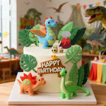 décoration gâteau anniversaire dinosaures feuilles tropicales volcan drapeaux enfants happy birthday plastique
