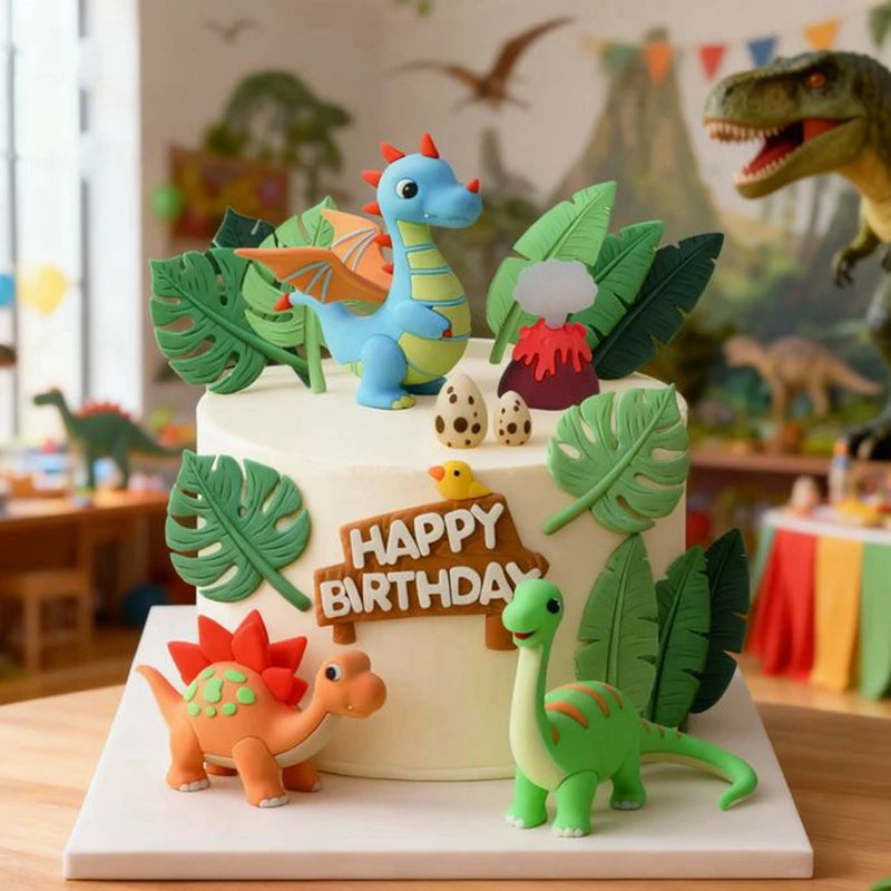 décoration gâteau anniversaire dinosaures feuilles tropicales volcan drapeaux enfants happy birthday plastique