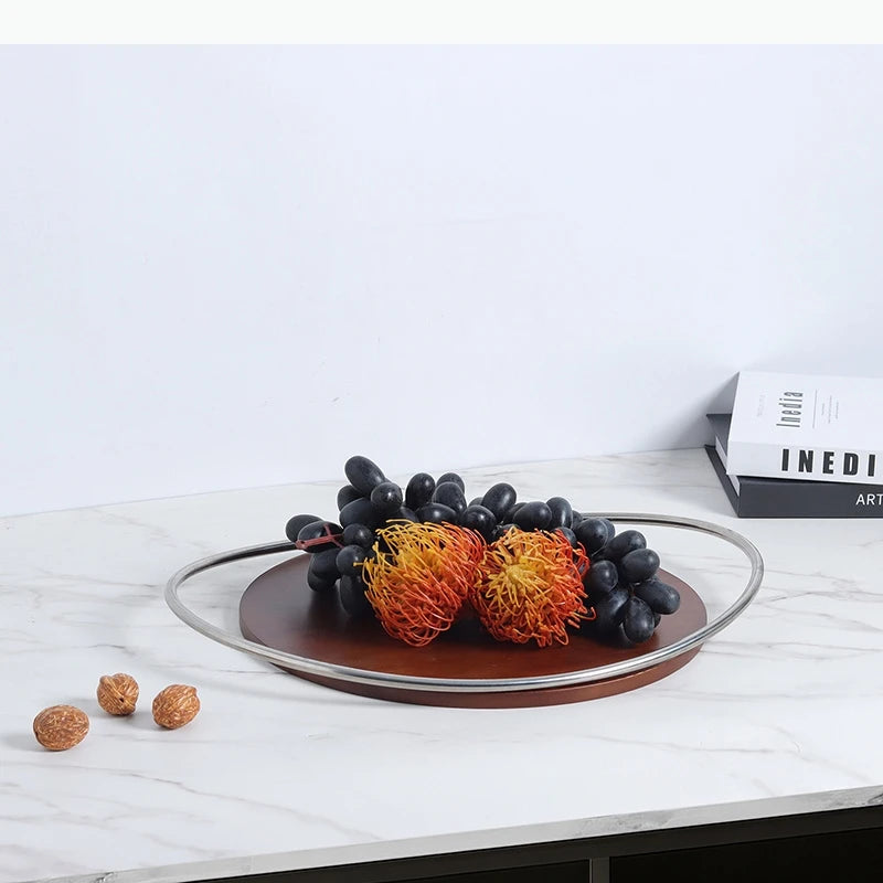 plateau bois marron argenté moderne poignée métallique fruits noix décoratif élégant utilisation facile imitation