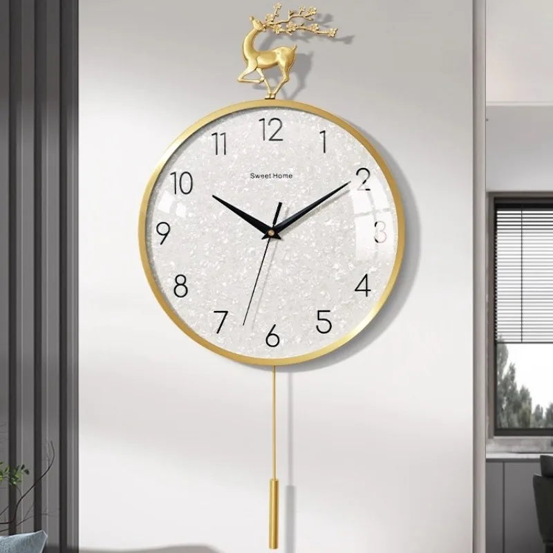 horloge murale moderne or blanc scintillante cerf fleurs déco salon